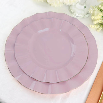 10 Pack | 9" Lavender Lilac Heavy Duty Disposable Dinner Plates with Gold Ruffled Rim, Hard Plastic Dinnerware