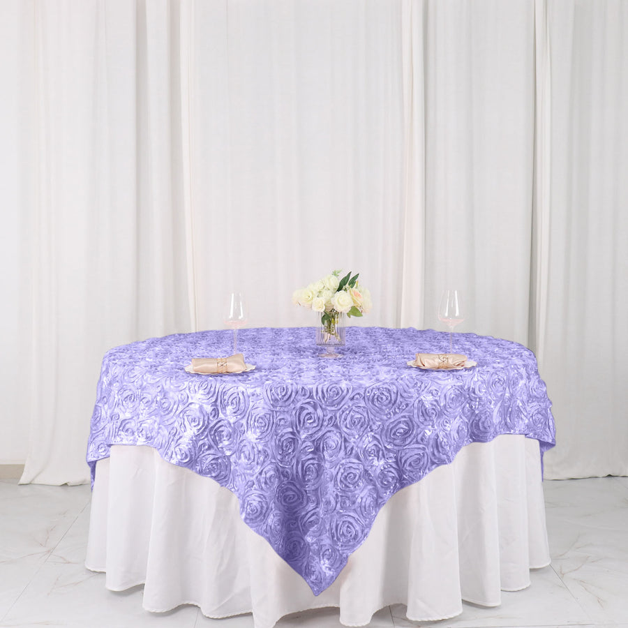72x72inch Lavender 3D Rosette Satin Table Overlay, Square Tablecloth Topper