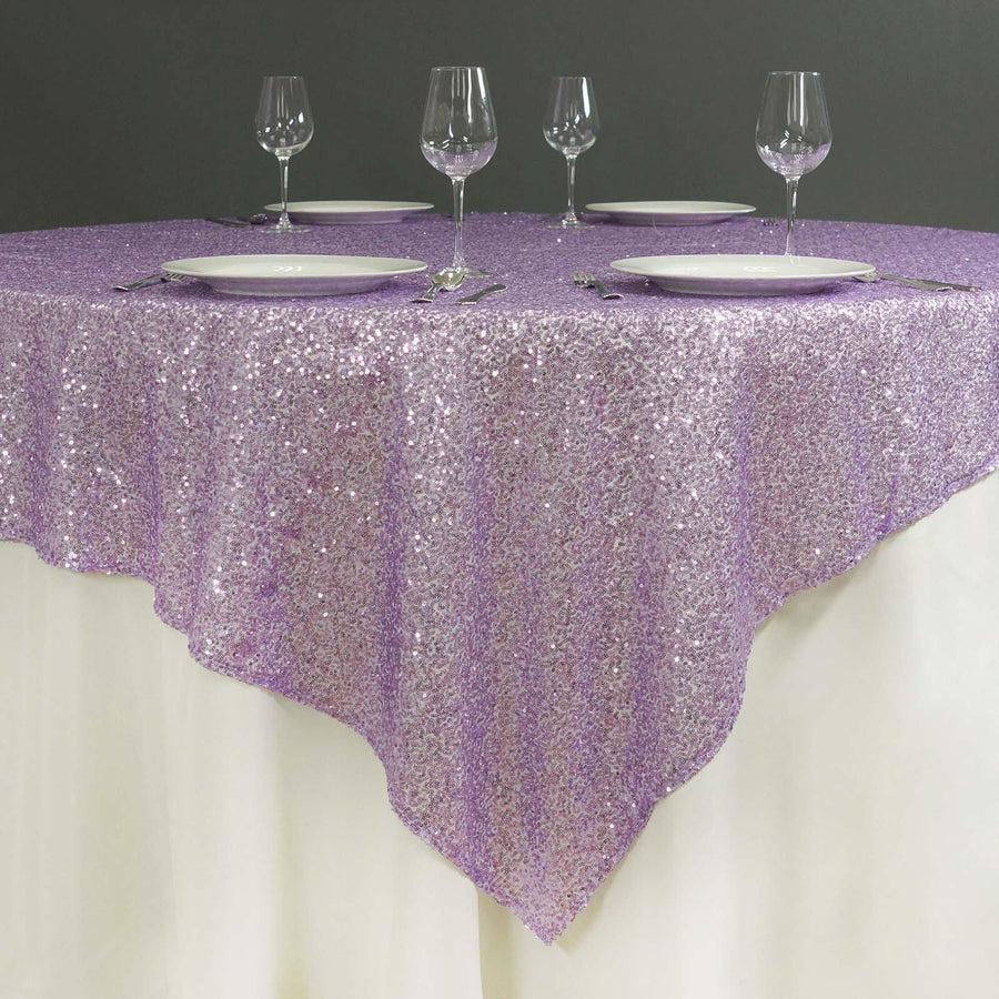 72x72inch Lavender Lilac Sequin Sparkly Square Table Overlay