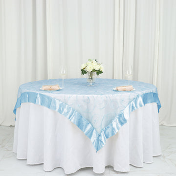 60"x60" Light Blue Embroidered Sheer Organza Square Table Overlay With Satin Edge