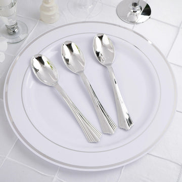 25 Pack | 7" Light Silver Heavy Duty Disposable Spoons with Fluted Handles, Plastic Silverware