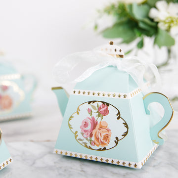 25 Pack 4" Light Turquoise Mini Teapot Favor Boxes, Tea Time Gift Box with Ribbon