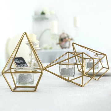 16" Long Gold Linked Geometric Tealight Candle Holder Set With Votive Glass Holders