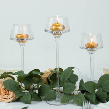 Set of 3 Long-Stem Clear Glass Tealight Disc Candle Holders, Tall Pedestal Table Vase Centerpieces - 8", 9", 10"