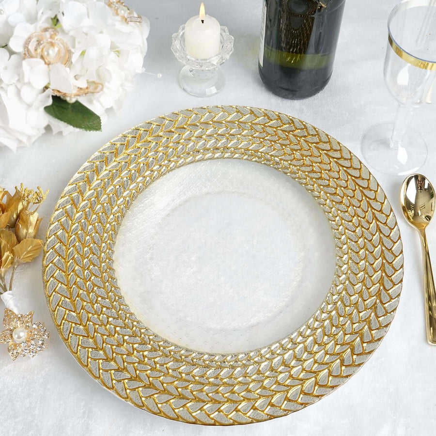 8 Pack | 13inch Luxurious Silver/Gold Braided Rim Glass Charger Plates