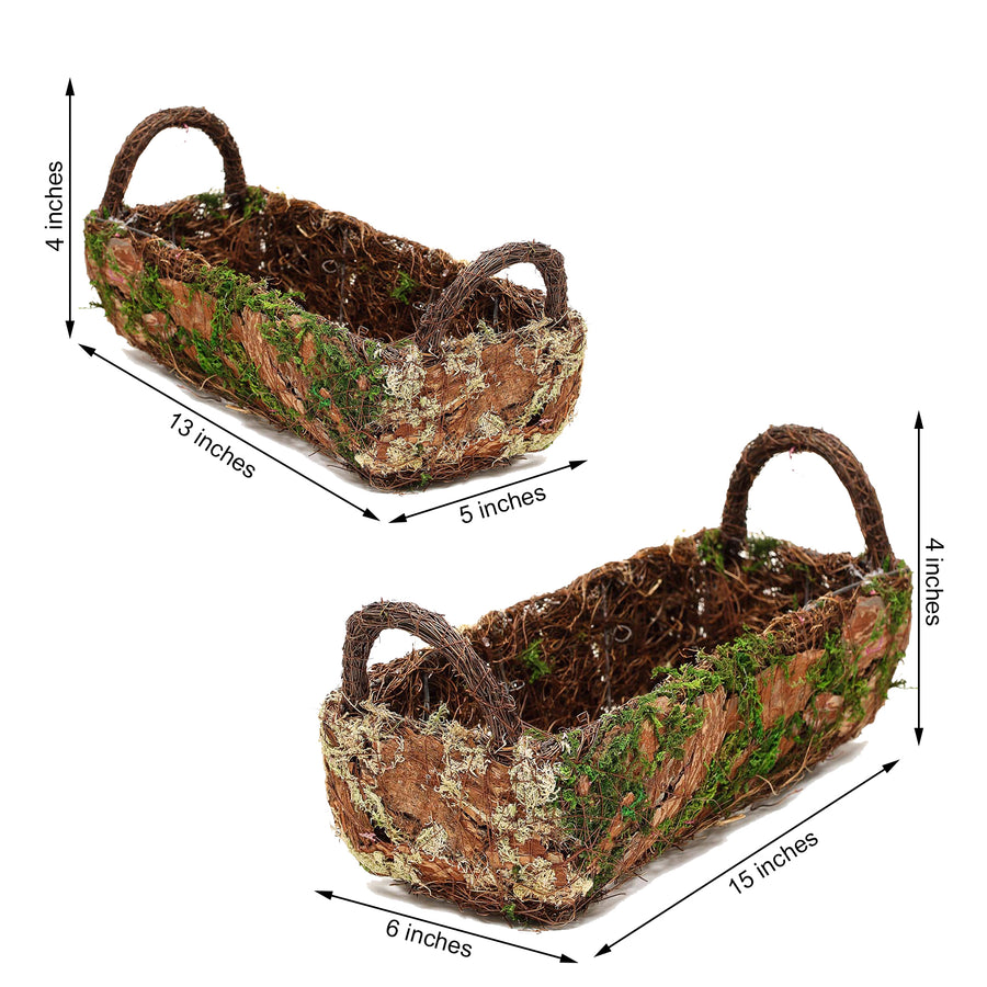 Set of 2 | Preserved Moss Planter Box Flower Baskets With Handle - 13" & 15"
