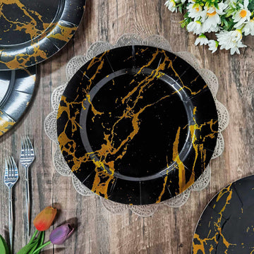 10 Pack | Marble Disposable 13" Charger Plates, Cardboard Serving Tray, Round with Leathery Texture - Black/Gold - 1100 GSM