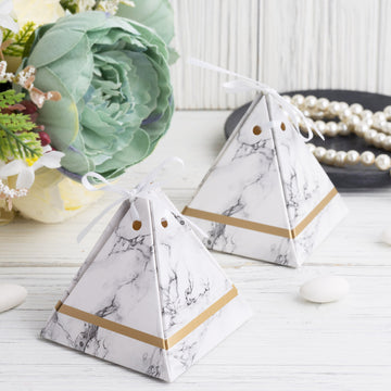 25 Pack | Marble Pyramid Shaped Wedding Party Favor Candy Gift Boxes