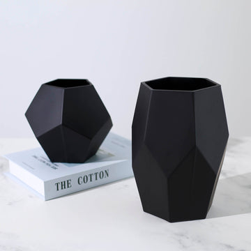 Set of 2 Matte Black Modern Geometric Flower Vases, Pentagon Glass Candle Holders - 5",8"