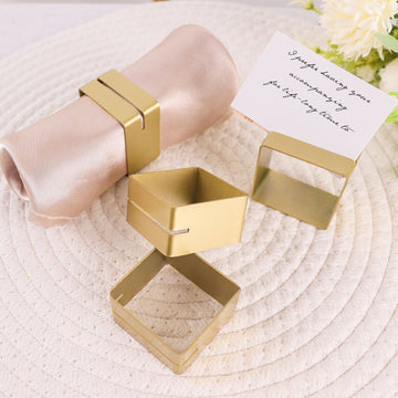 4 Pack Matte Gold Metal Square Napkin Rings with Place Card Holder, Modern Design Multipurpose Napkins Rings