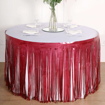 30"x9ft Matte Red Metallic Foil Fringe Table Skirt, Self Adhesive Tinsel Table Skirt