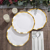 25 Pack | 8inch Matte White / Gold Wavy Rim Disposable Salad Plates, Appetizer Dessert Party Plates