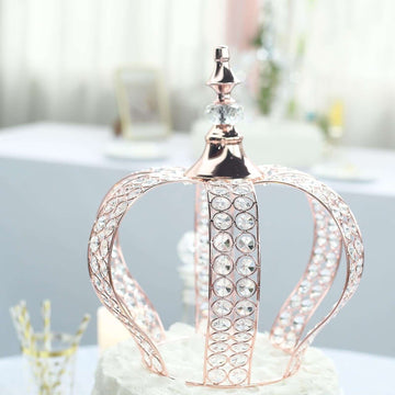 14" Metallic Blush Rose Gold Crystal-Bead Royal Crown Cake Topper