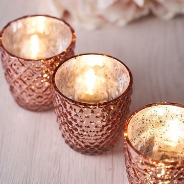 6 Pack 3" Metallic Rose Gold Glass Votive Candle Holders Tealight Mercury Glass Assorted Geometric Design