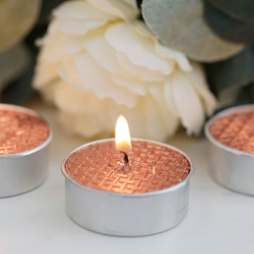 9 Pack Metallic Rose Gold Tealight Candles, Unscented Dripless Wax - Textured Design