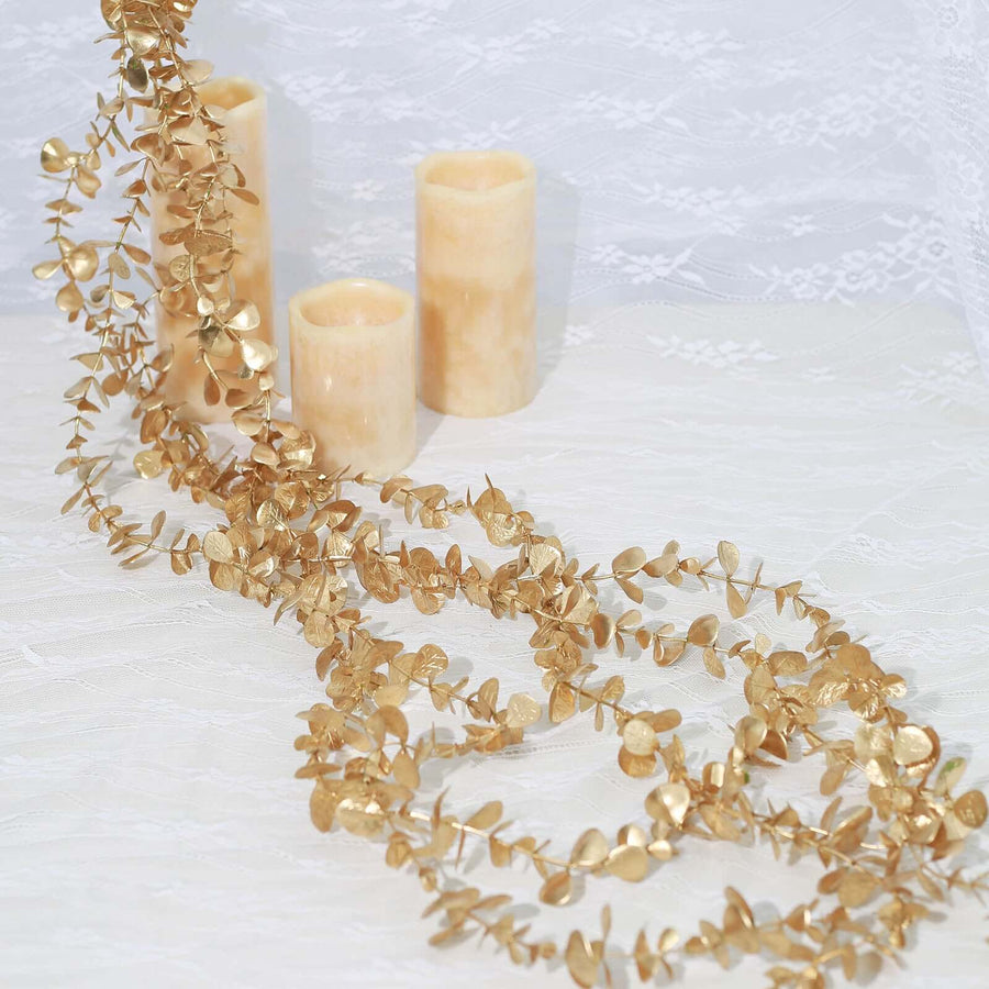 4ft | Metallic Gold Artificial Eucalyptus Leaf Garland, Faux Vine