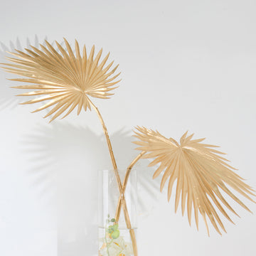 2 Pack 34" Metallic Gold Artificial Fan Palm Leaf Stems, Faux Tropical Floral Arrangements, Faux Plant Vase Filler