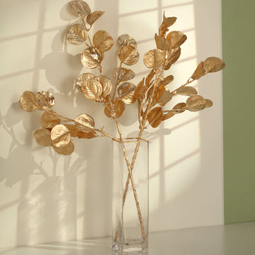 2 Pack 27" Metallic Gold Artificial Round Eucalyptus Leaf Bouquets, Faux Decorative Branches