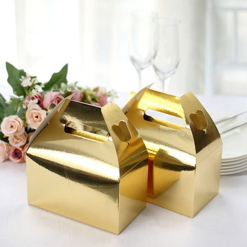 25 Pack | Metallic Gold Candy Gift Tote Gable Boxes, Party Favor Treat Bags - 6"x3.5"x7"