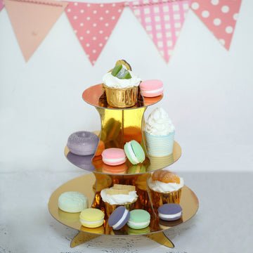 14" 3-Tier Metallic Gold Cardboard Cupcake Dessert Stand Treat Tower