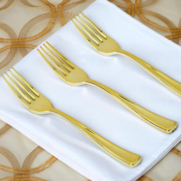 25 Pack | 7" Metallic Gold Classic Heavy Duty Disposable Forks, Plastic Silverware