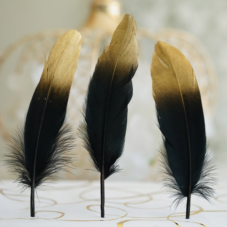 30 Pack | Metallic Gold Dipped Black Real Goose Feathers | Craft Feathers for Party Decoration