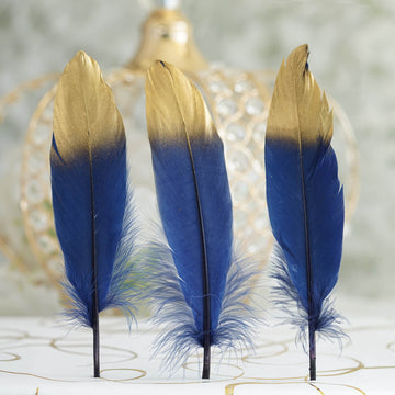 30 Pack | Metallic Gold Dipped Navy Blue Real Goose Feathers, Craft Feathers For Party Decoration