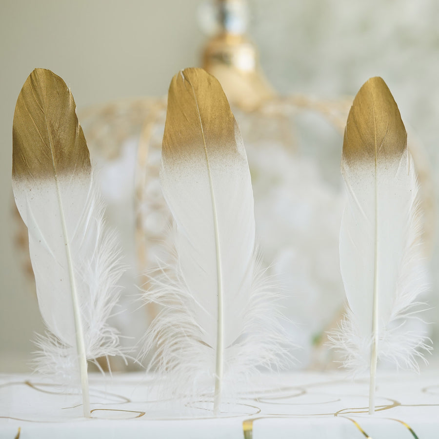 30 Pack | Metallic Gold Dipped White Real Goose Feathers | Craft Feathers for Party Decoration