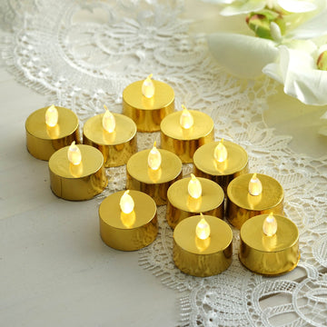 12 Pack | Metallic Gold Flameless LED Tealight Candles, Battery Operated Reusable Candles