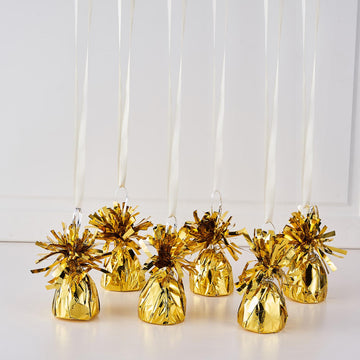 6 Pack 5" Metallic Gold Foil Tassel Top Party Balloon Weights, 5.5oz