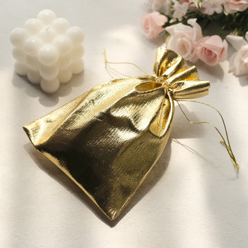 10 Pack Metallic Gold Lame Polyester 5"x7" Party Favor Gift Bags, Shiny Fabric Drawstring Candy Pouch