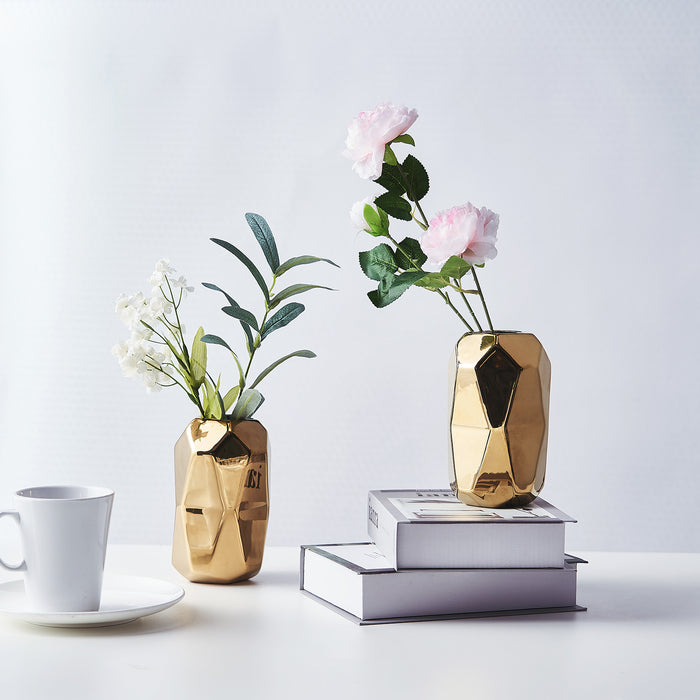 2 Pack | 6inch Gold Metallic Ceramic Vases Geometric Cylinder Vase