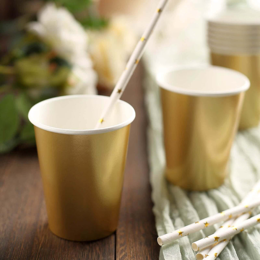 24 Pack | Metallic Gold 9oz Paper Cups, Disposable Party Cup Tableware All Purpose