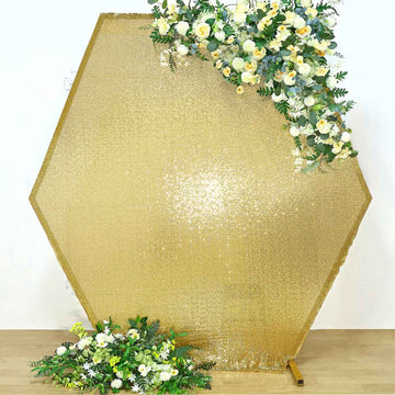8ftx7ft Metallic Gold Shiny Sequin Hexagon Backdrop Stand Cover, Shiny Sparkle 2-Sided Custom Fit Wedding Arch Cover