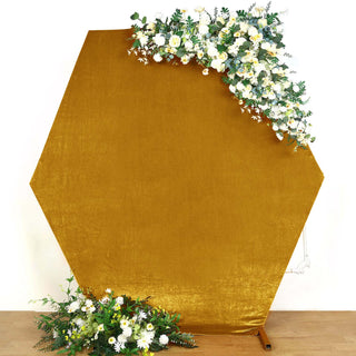 Add a Touch of Elegance with the Metallic Gold Soft Velvet Fitted Hexagon Wedding Arbor Cover