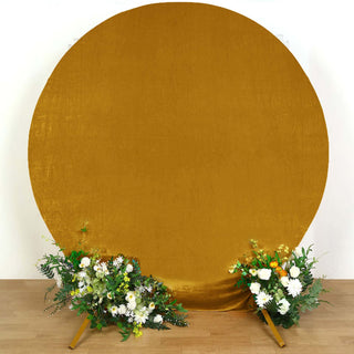 Add a Touch of Luxury with the 7.5ft Metallic Gold Soft Velvet Fitted Round Event Party Backdrop Cover