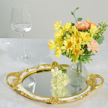 Metallic Gold/White Oval Resin Decorative Vanity Serving Tray, Mirrored Tray with Handles - 14"x10"