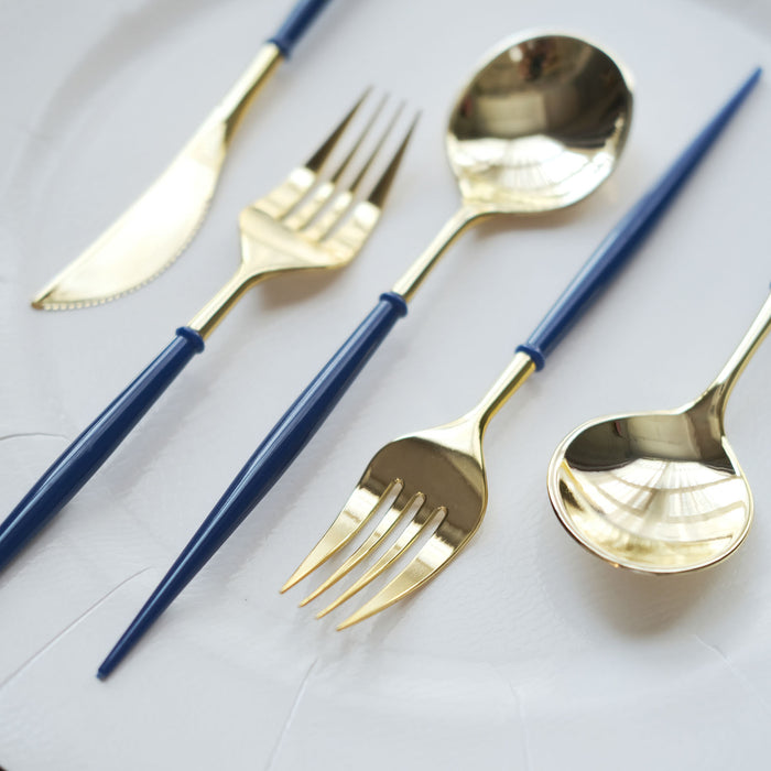 24 Pack | Metallic Gold Modern Silverware Set, Premium Plastic Cutlery Set With Royal Blue Handle