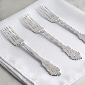 24 Pack Metallic Silver 8" Baroque Style Heavy Duty Plastic Forks