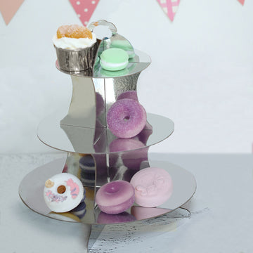 14" 3-Tier Metallic Silver Cardboard Cupcake Dessert Stand Treat Tower