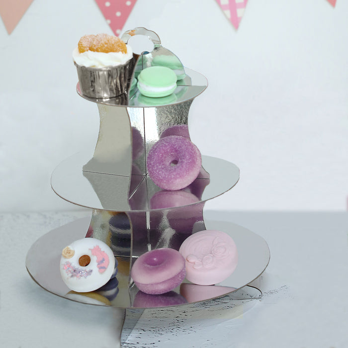14inch 3-Tier Metallic Silver Cardboard Cupcake Dessert Stand Treat Tower