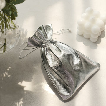 10 Pack Metallic Silver Lame Polyester 5"x7" Party Favor Gift Bags, Shiny Fabric Drawstring Candy Pouch
