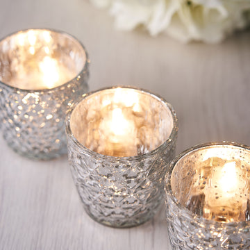 6 Pack | 3" Metallic Silver Mercury Glass Votive Candle Holders, Tealight Candle Holders - Assorted Geometric Designs