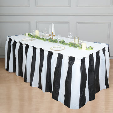 14ft 10 Mil White Black Stripe Plastic Table Skirt, Disposable Table Skirt Spill Proof