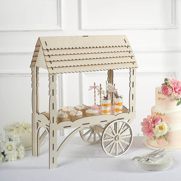 25" Mini Natural Wooden Candy Cart Cupcake Stand, Tabletop Dessert Display Sweet Stall