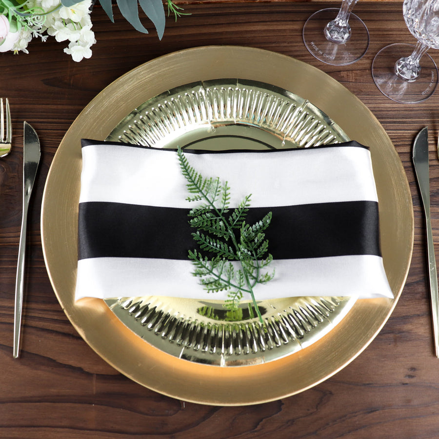 5 Pack | Black & White Striped Satin Cloth Dinner Napkins | 20x20Inch