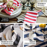 Trendy striped napkins in various colors on table settings.