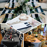 Elegant table settings with black and white decor for special events.