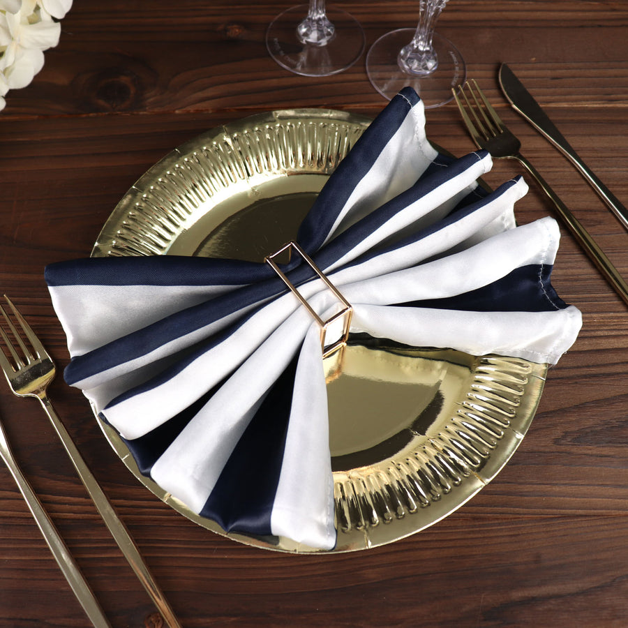 5 Pack | Navy & White Striped Satin Cloth Dinner Napkins | 20x20Inch