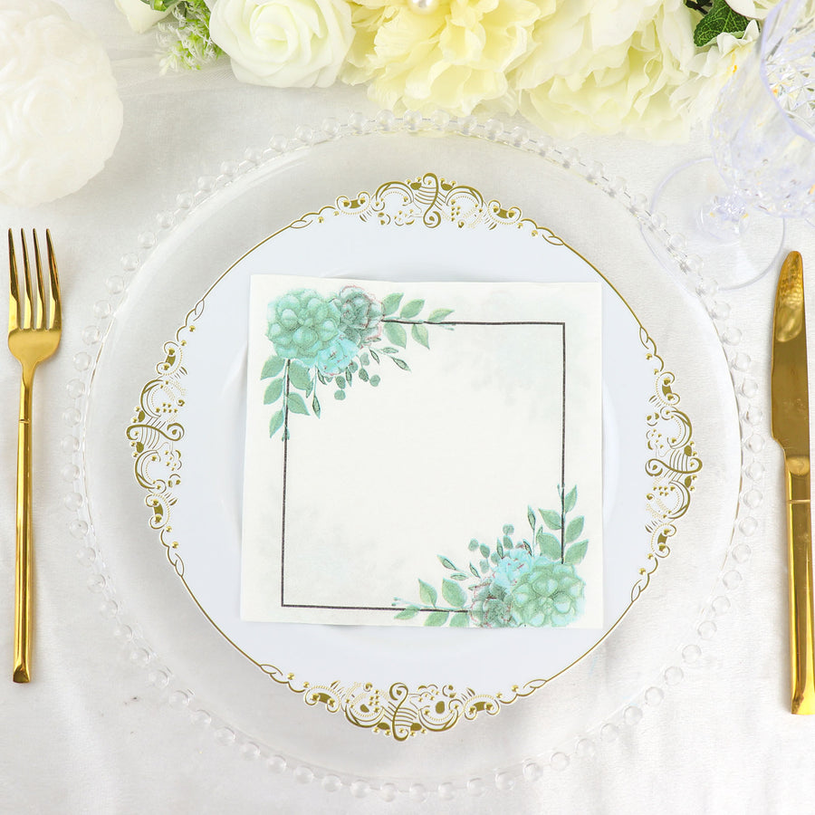 20 Pack | White And Green Floral Design Dinner Paper Napkins, Beverage Napkins
